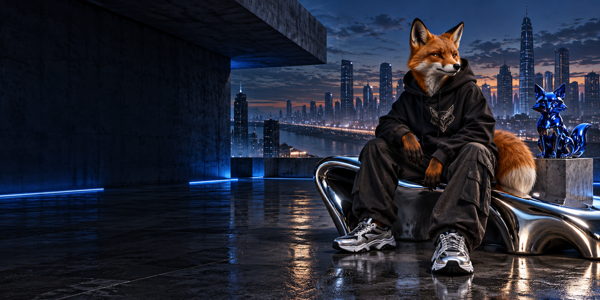 Raposa 3D em roupa streetwear num terraço urbano, com escultura de raposa azul cromada
